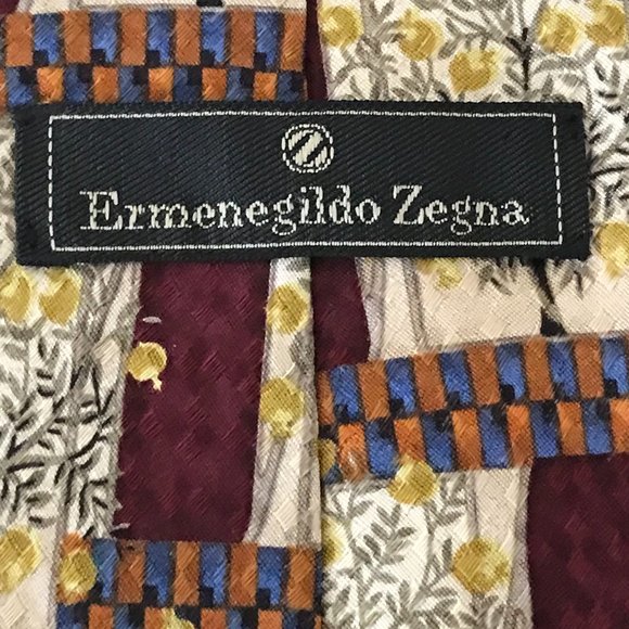 Ermenegildo Zegna 100% Silk Tie in Yellow Tree pattern with Maroon and Gold - Picture 1 of 5
